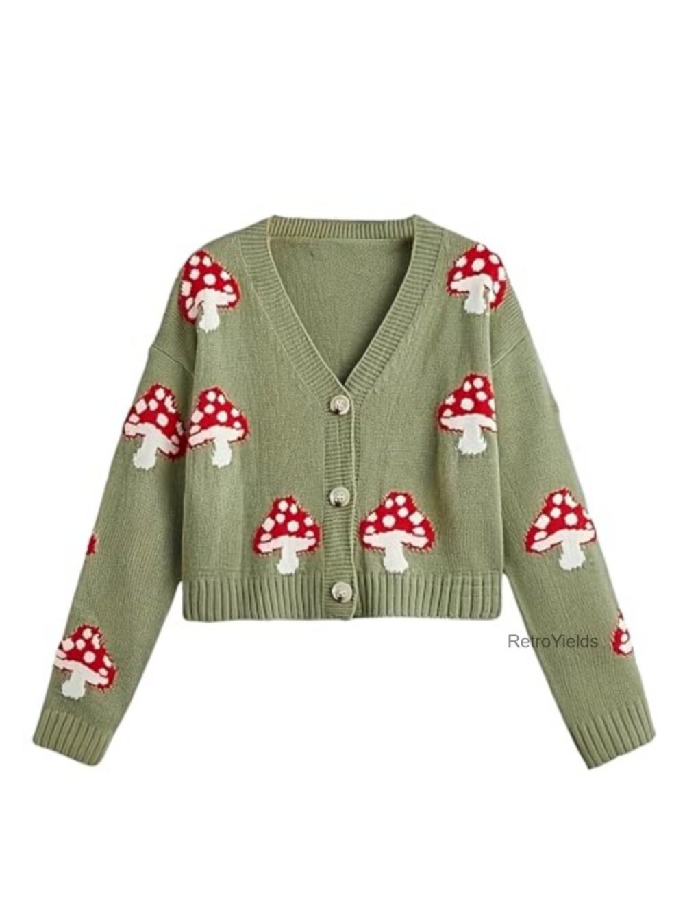 Women's Acrylic Mushroom Cardigan Button V Neck Long Sleeve Knit Crop Sweater